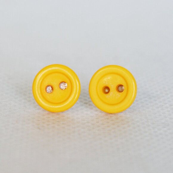 Handmade Yellow Button Stud Earrings - Picture 2 of 6